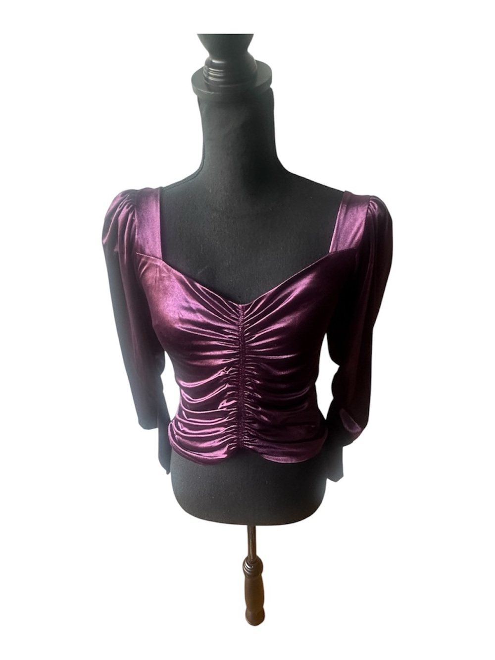 Express Velvet Sweetheart Top Puff Sleeve Ruched Cinch Hem Black XS Chic